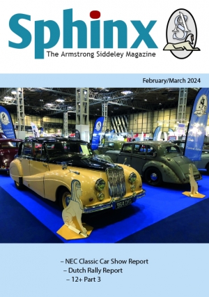 Sphinx February - March 2024 front cover. 346 MK2 Automatic and 16HP Lancaster on the NEC Classic Motor Show Stand